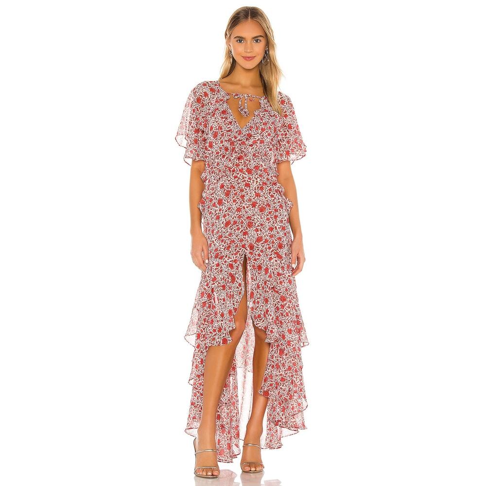 MISA Katarina Ruffle Floral Flutter Sleeve Asymmetric Maxi Dress Floral Size S - Picture 3 of 11